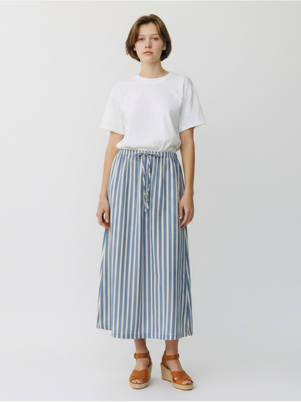 Universal Thread Striped Drawstring Midi Skirt Women’s SZ M in Blue Soft Yellow